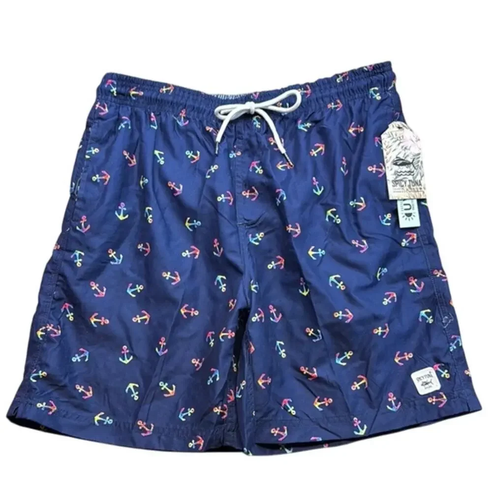 New Men's Spicy Tuna Navy Blue Colorful Anchors Design Swim Shorts Trunks Size L
